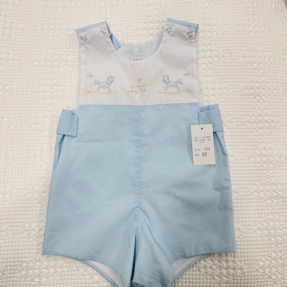 Blue Kids One Piece, Embroidered boy outfit, rocking horse, embroidered rocking